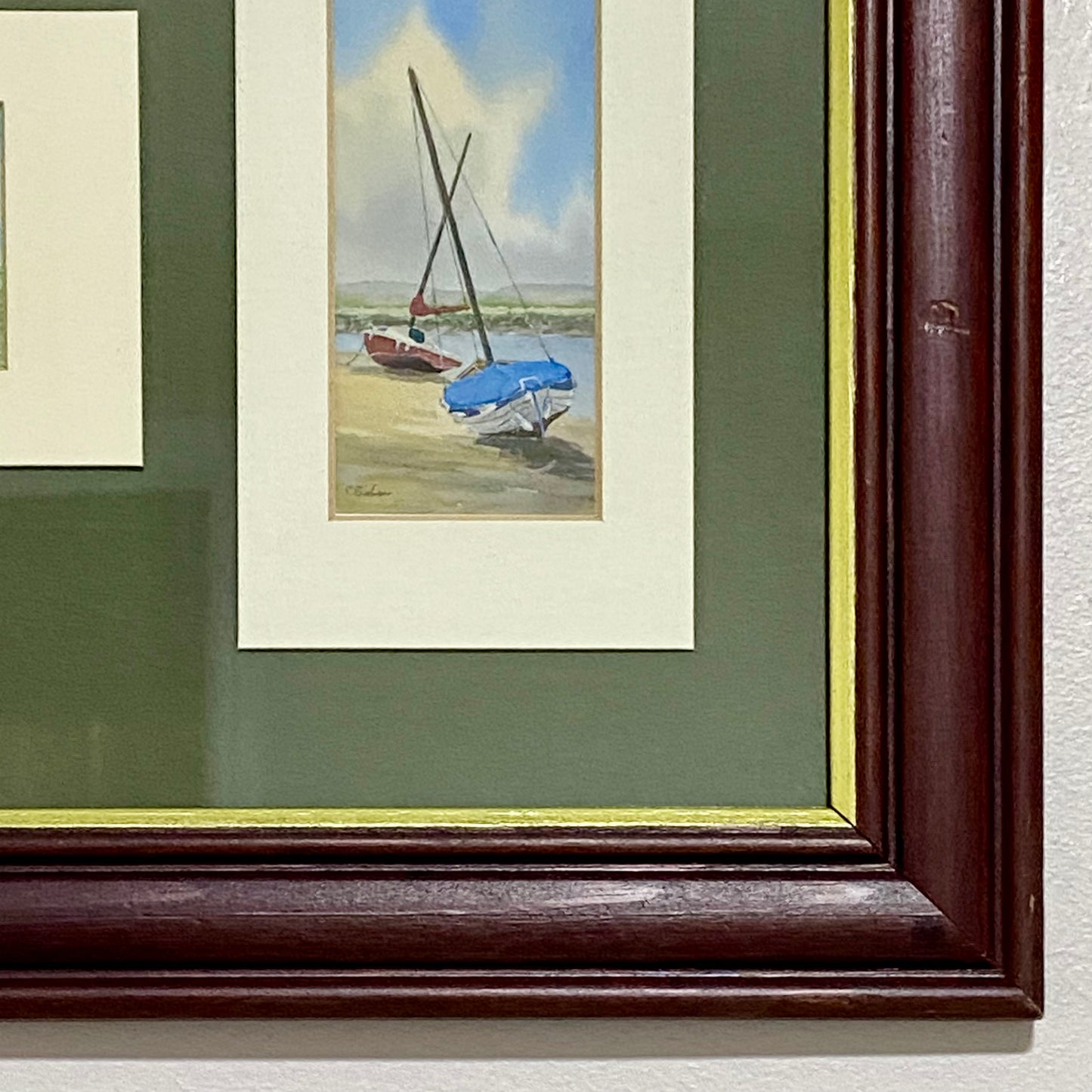 Vintage 3 Sail Boat Harbour Scenes Watercolour Art Print Signed P Basham Framed