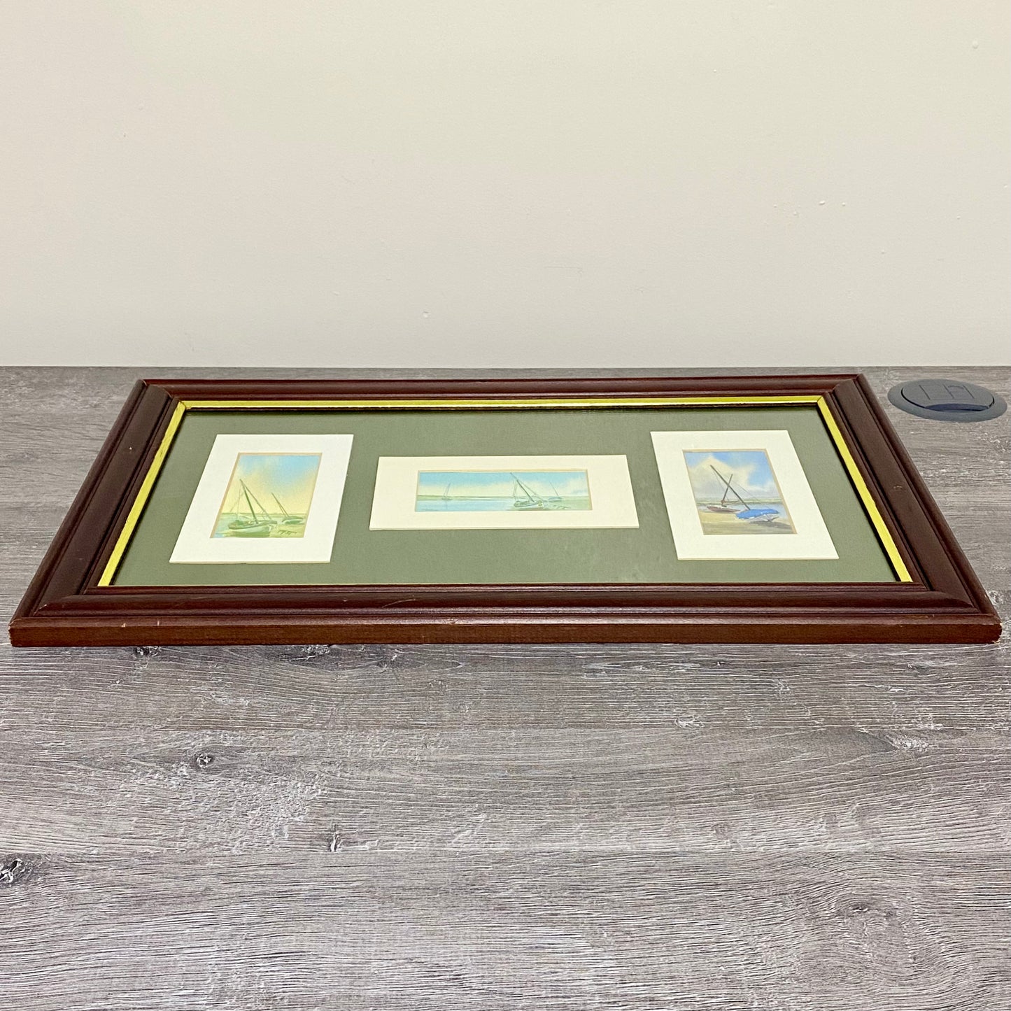 Vintage 3 Sail Boat Harbour Scenes Watercolour Art Print Signed P Basham Framed