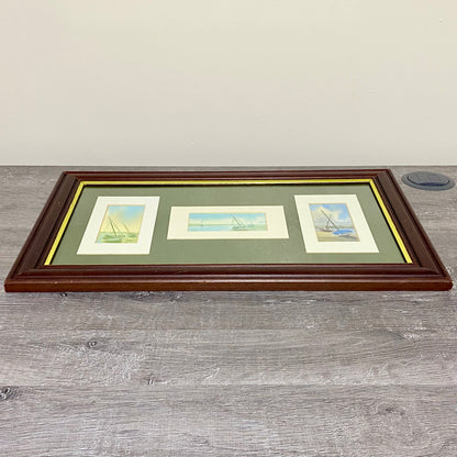 Vintage 3 Sail Boat Harbour Scenes Watercolour Art Print Signed P Basham Framed
