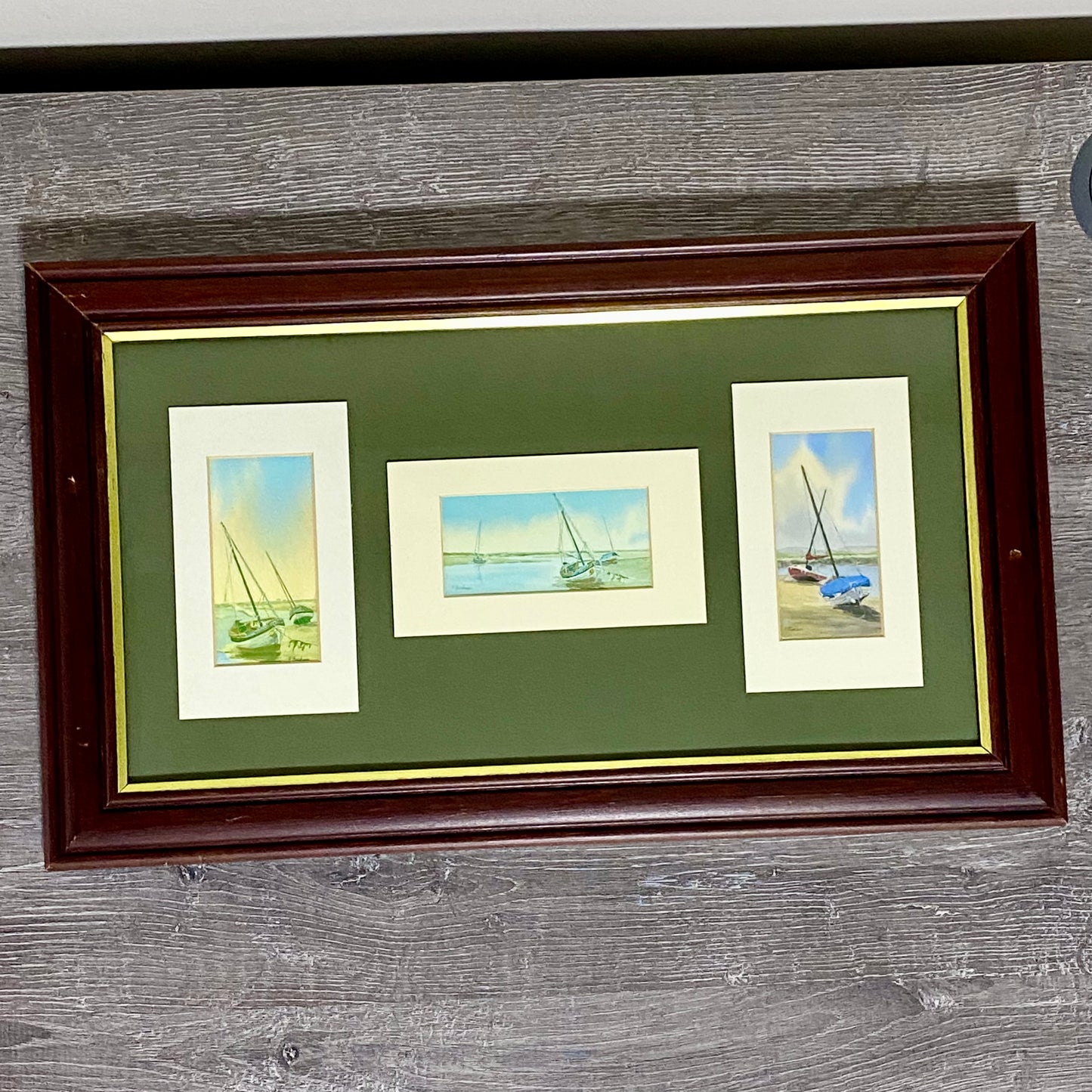 Vintage 3 Sail Boat Harbour Scenes Watercolour Art Print Signed P Basham Framed