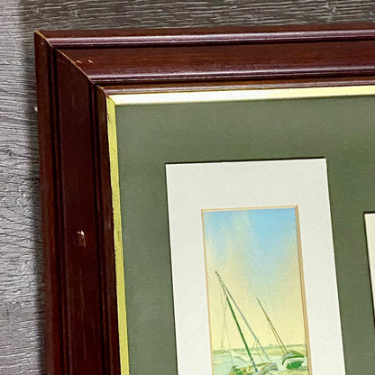 Vintage 3 Sail Boat Harbour Scenes Watercolour Art Print Signed P Basham Framed
