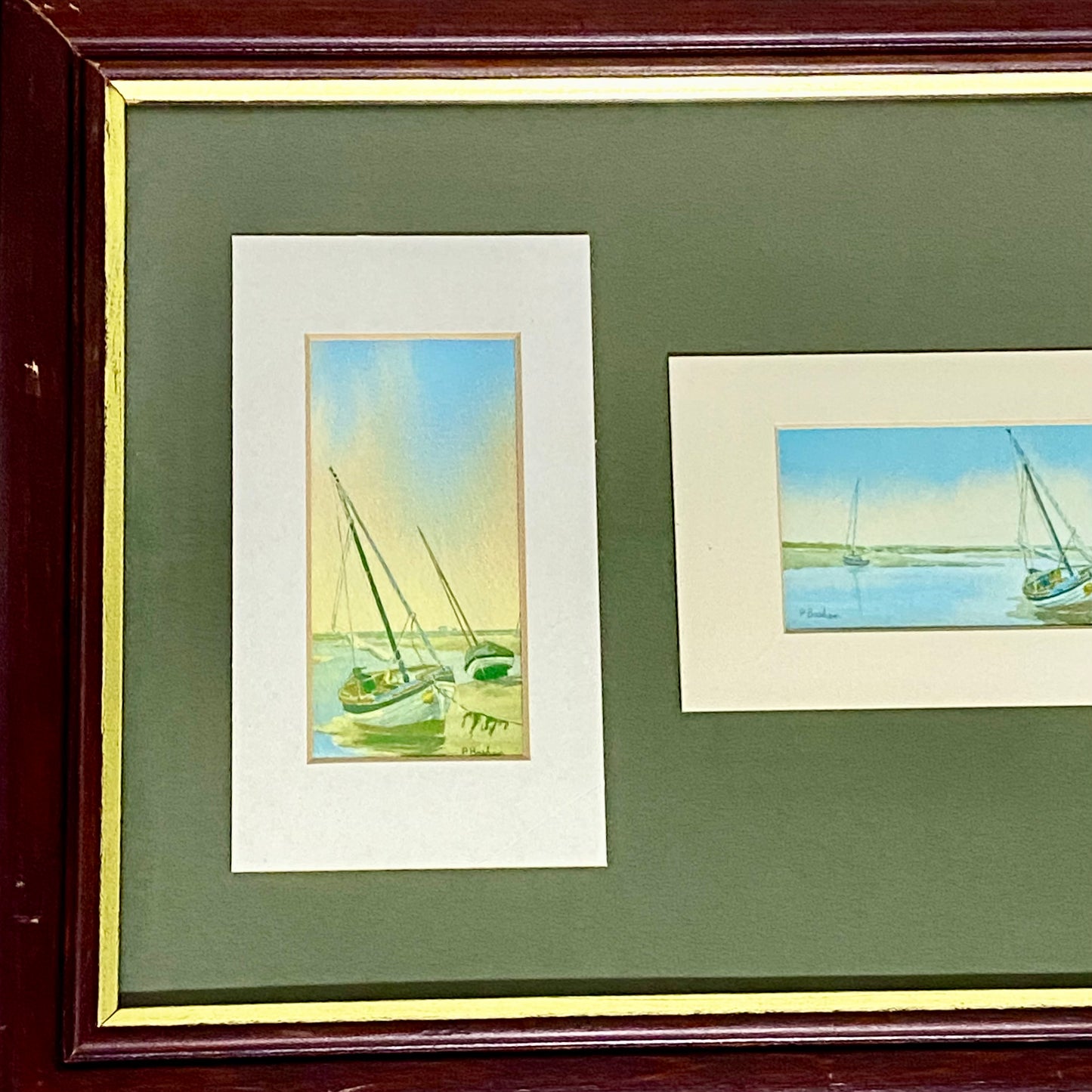 Vintage 3 Sail Boat Harbour Scenes Watercolour Art Print Signed P Basham Framed