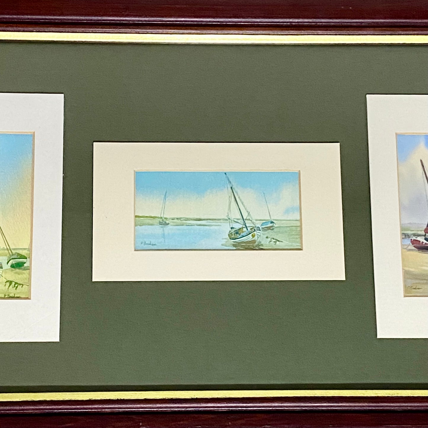 Vintage 3 Sail Boat Harbour Scenes Watercolour Art Print Signed P Basham Framed