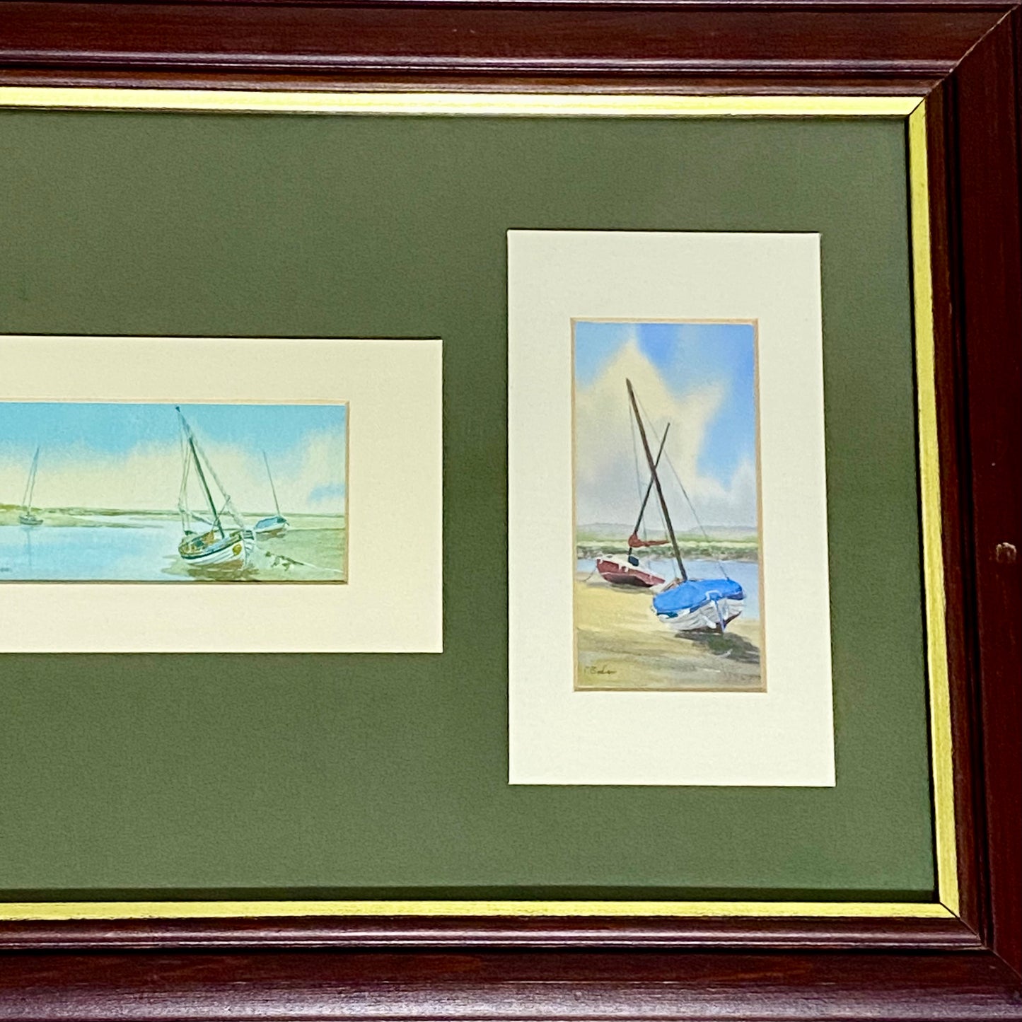 Vintage 3 Sail Boat Harbour Scenes Watercolour Art Print Signed P Basham Framed