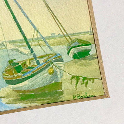 Vintage 3 Sail Boat Harbour Scenes Watercolour Art Print Signed P Basham Framed