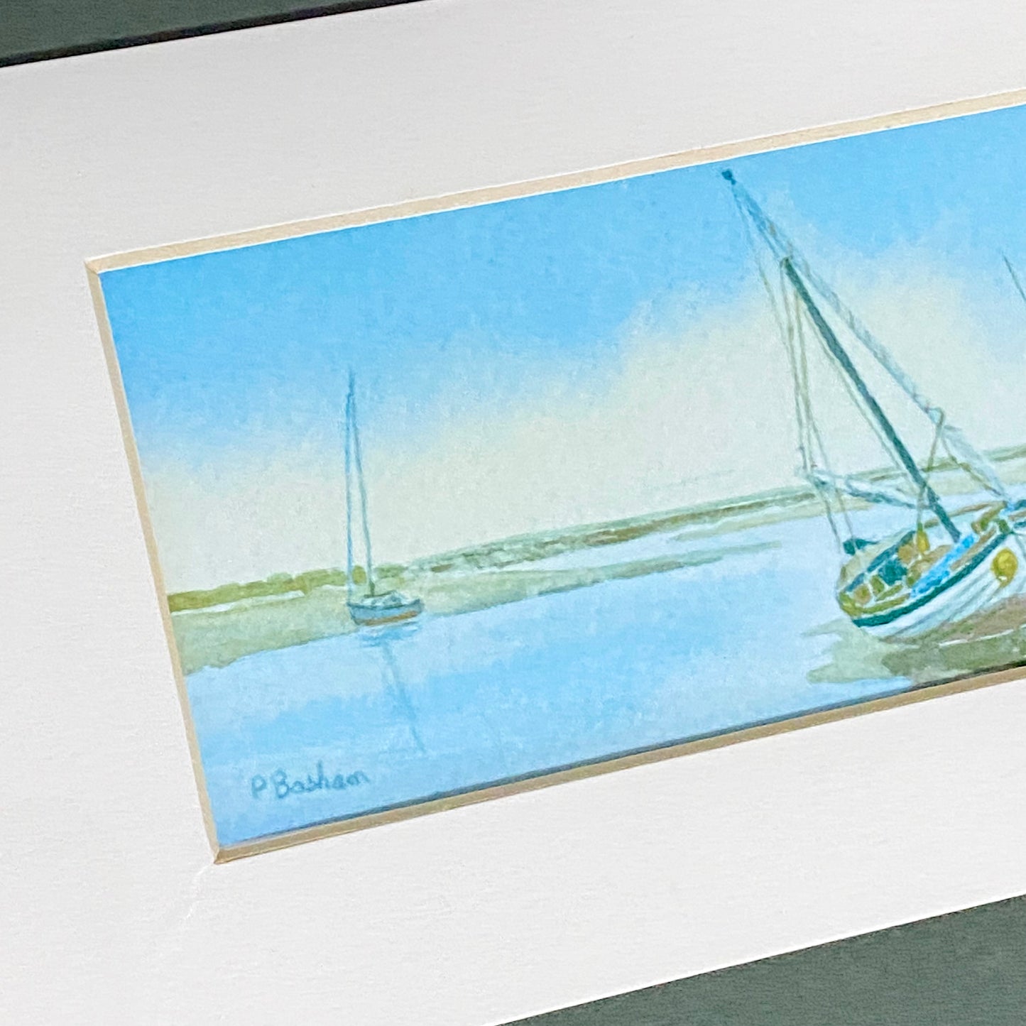 Vintage 3 Sail Boat Harbour Scenes Watercolour Art Print Signed P Basham Framed