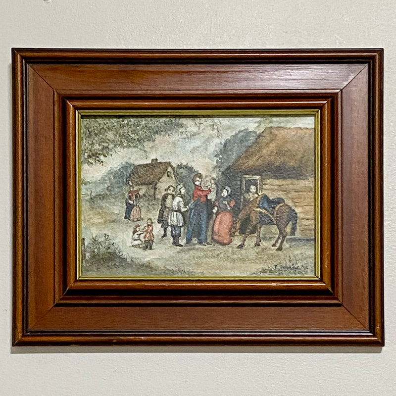 Vintage Rural Village & Horse Scene Original Painting Art Signed Elaine Simmons