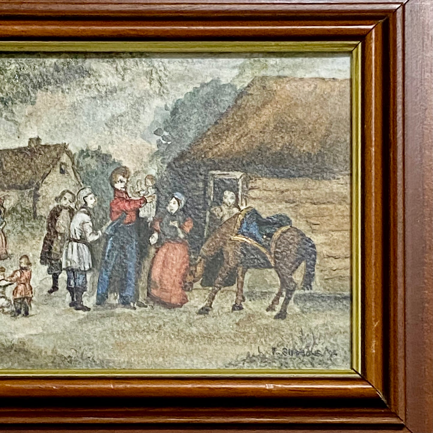 Vintage Rural Village & Horse Scene Original Painting Art Signed Elaine Simmons