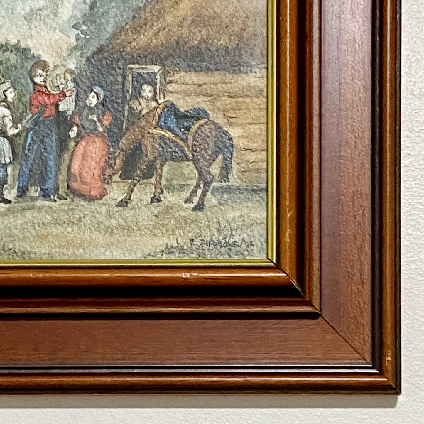 Vintage Rural Village & Horse Scene Original Painting Art Signed Elaine Simmons