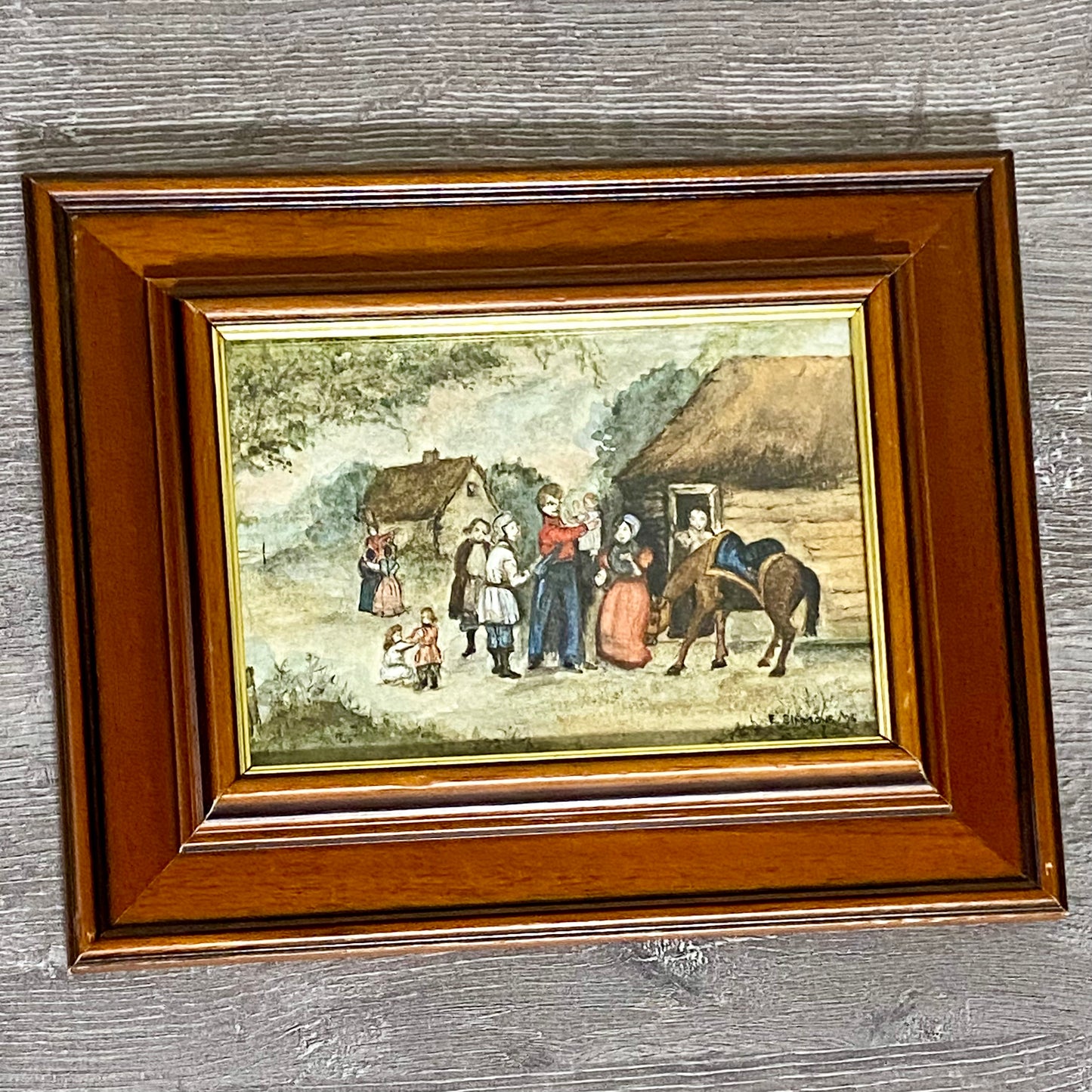 Vintage Rural Village & Horse Scene Original Painting Art Signed Elaine Simmons