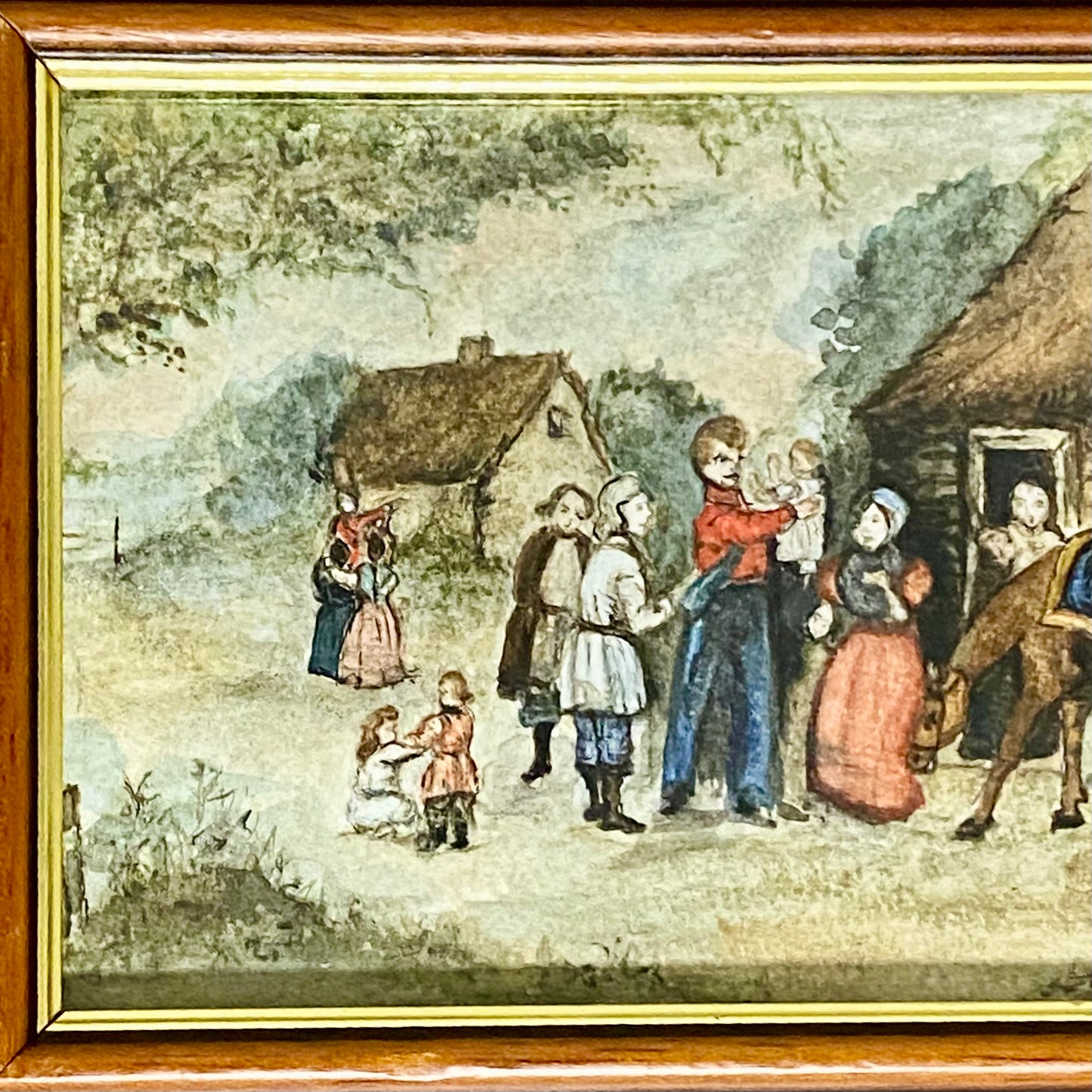 Vintage Rural Village & Horse Scene Original Painting Art Signed Elaine Simmons