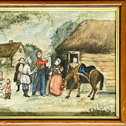 Vintage Rural Village & Horse Scene Original Painting Art Signed Elaine Simmons