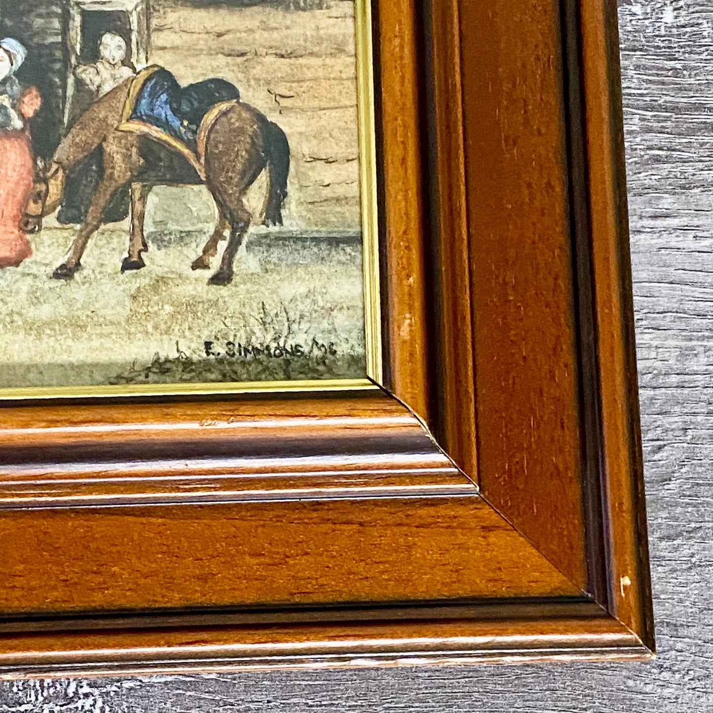 Vintage Rural Village & Horse Scene Original Painting Art Signed Elaine Simmons