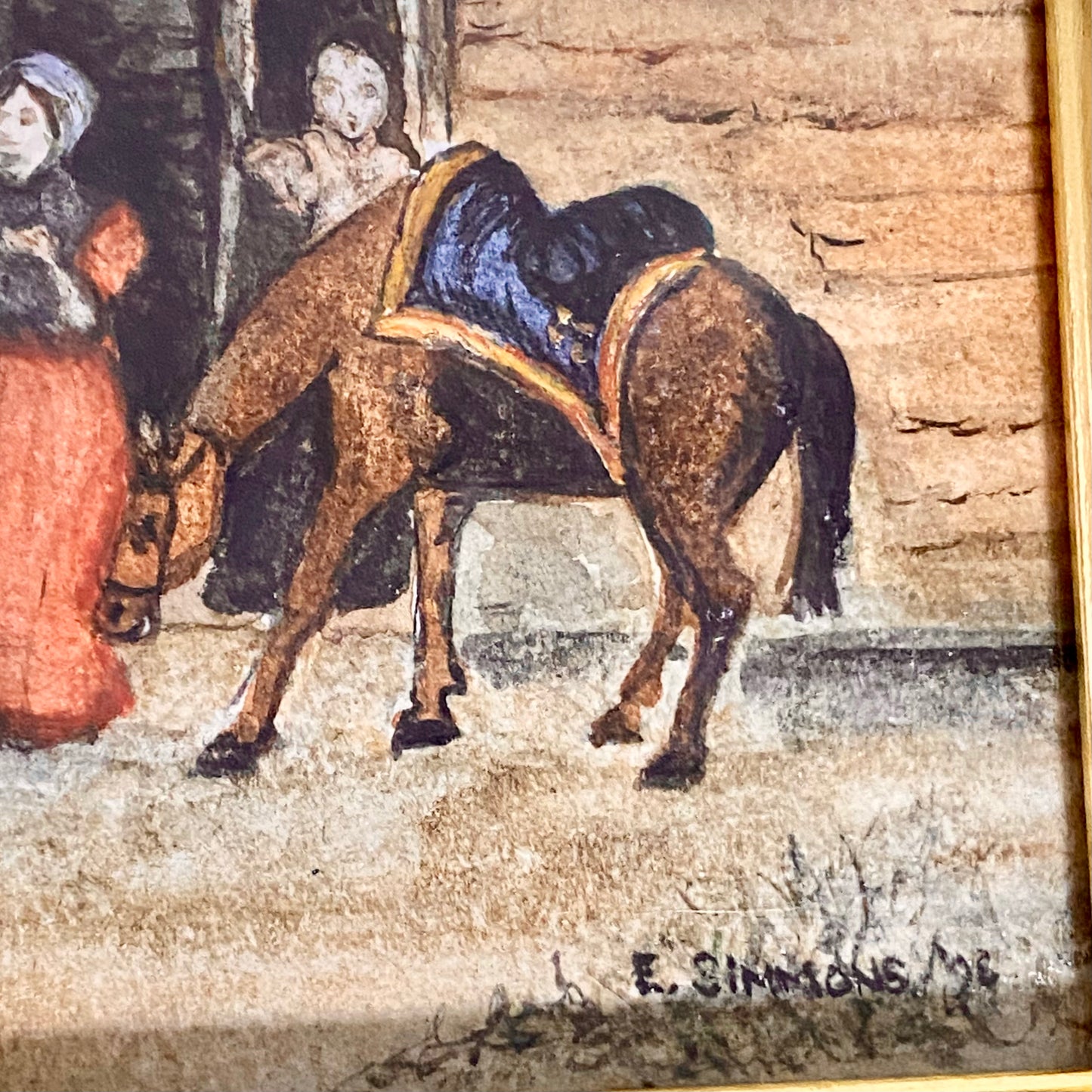 Vintage Rural Village & Horse Scene Original Painting Art Signed Elaine Simmons