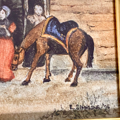 Vintage Rural Village & Horse Scene Original Painting Art Signed Elaine Simmons