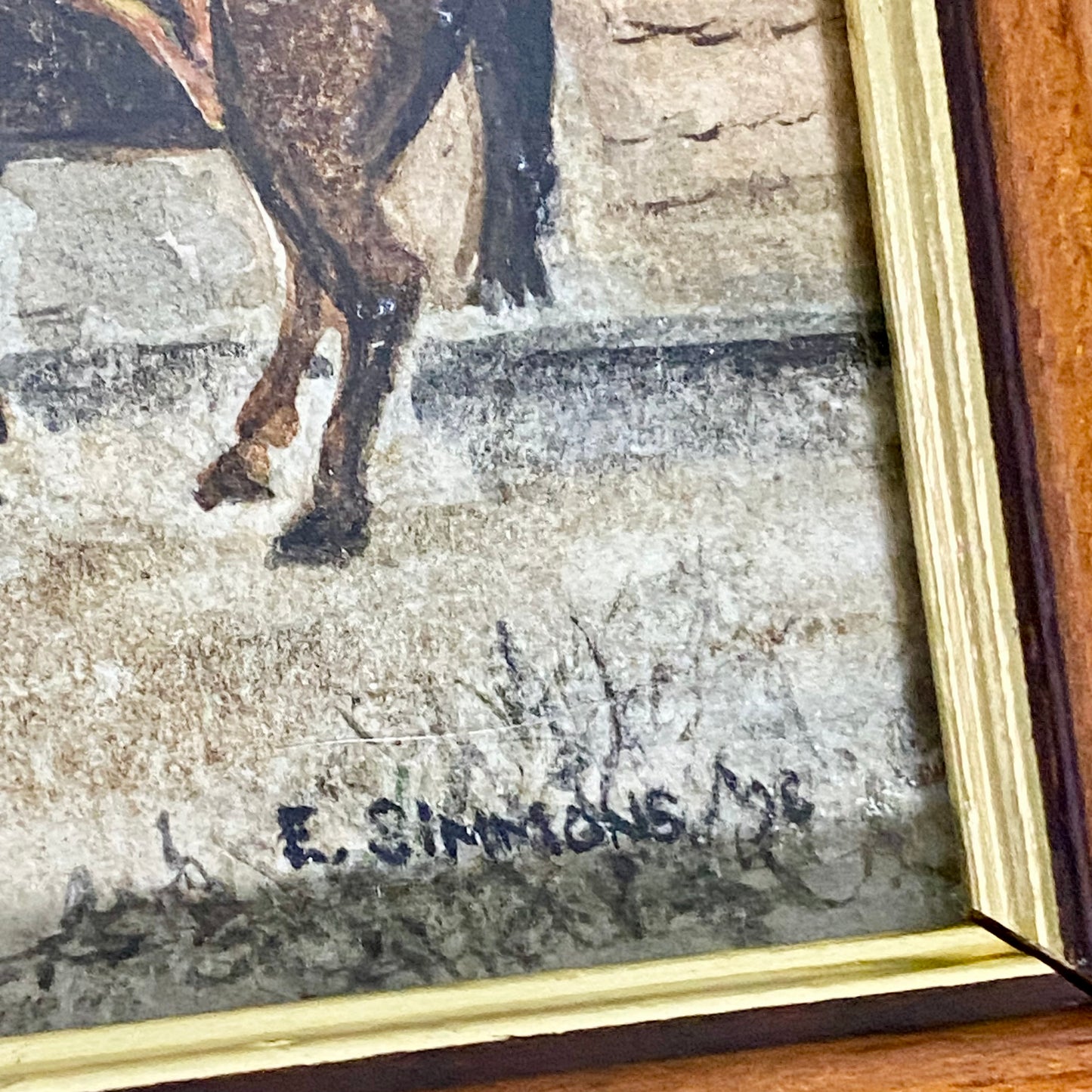 Vintage Rural Village & Horse Scene Original Painting Art Signed Elaine Simmons