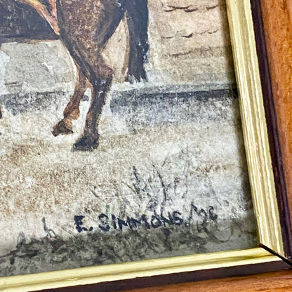 Vintage Rural Village & Horse Scene Original Painting Art Signed Elaine Simmons