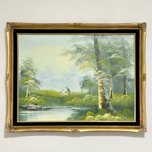 Vintage Oil On Canvas Painting Lake Bird Landscape Scene Signed Gold Framed Rare