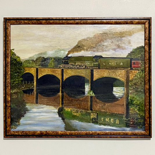 Vintage Flying Scotsman Crossing Bridge Oil On Board Painting Signed Routledge