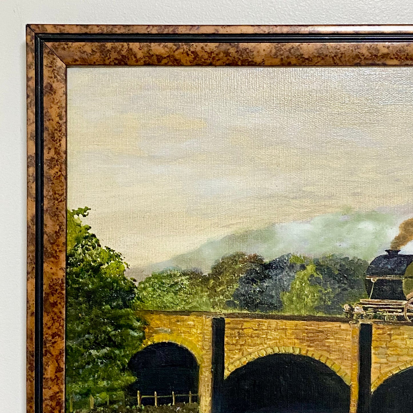 Vintage Flying Scotsman Crossing Bridge Oil On Board Painting Signed Routledge