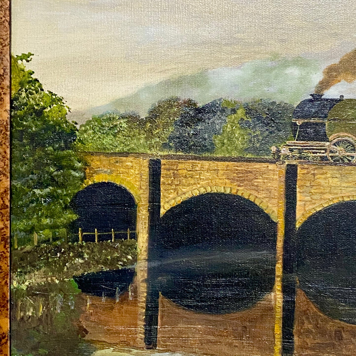 Vintage Flying Scotsman Crossing Bridge Oil On Board Painting Signed Routledge