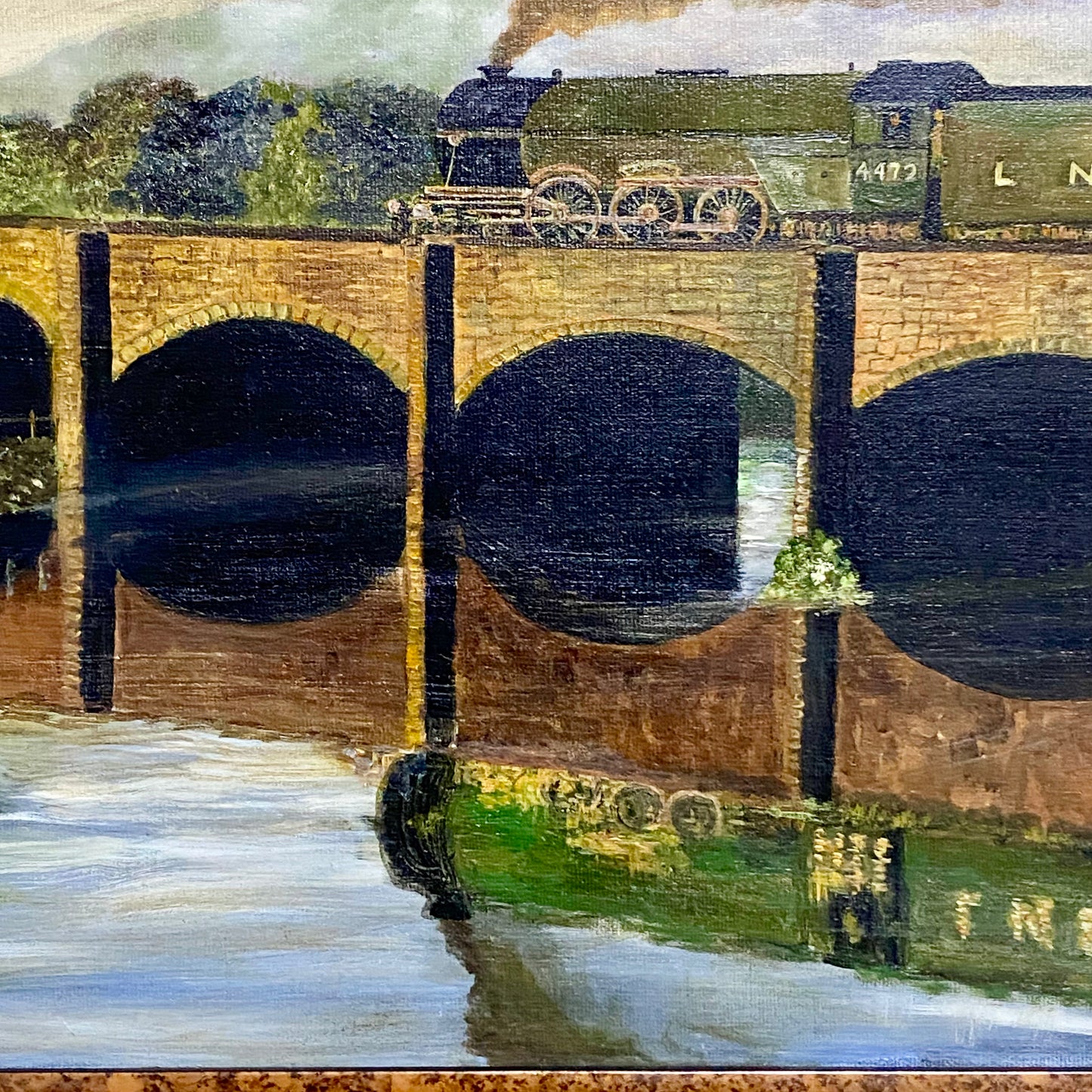 Vintage Flying Scotsman Crossing Bridge Oil On Board Painting Signed Routledge