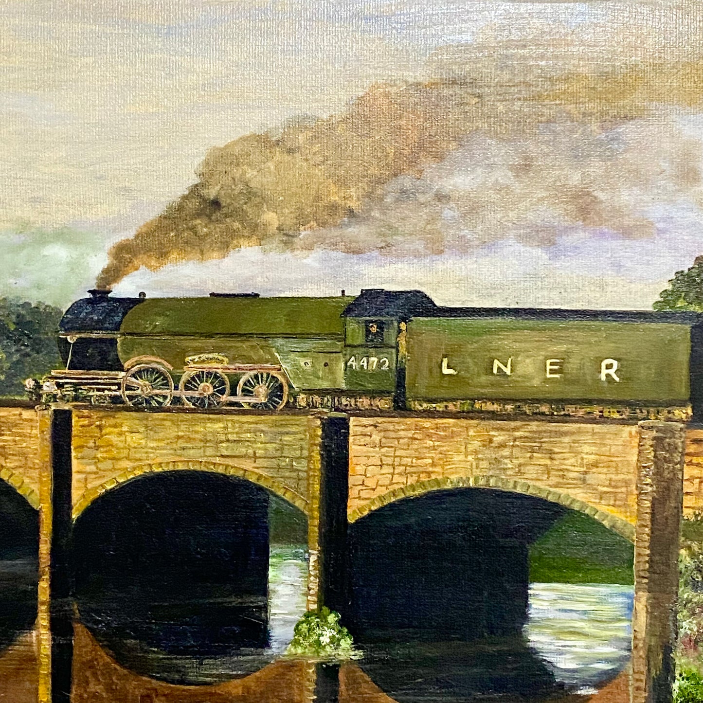 Vintage Flying Scotsman Crossing Bridge Oil On Board Painting Signed Routledge