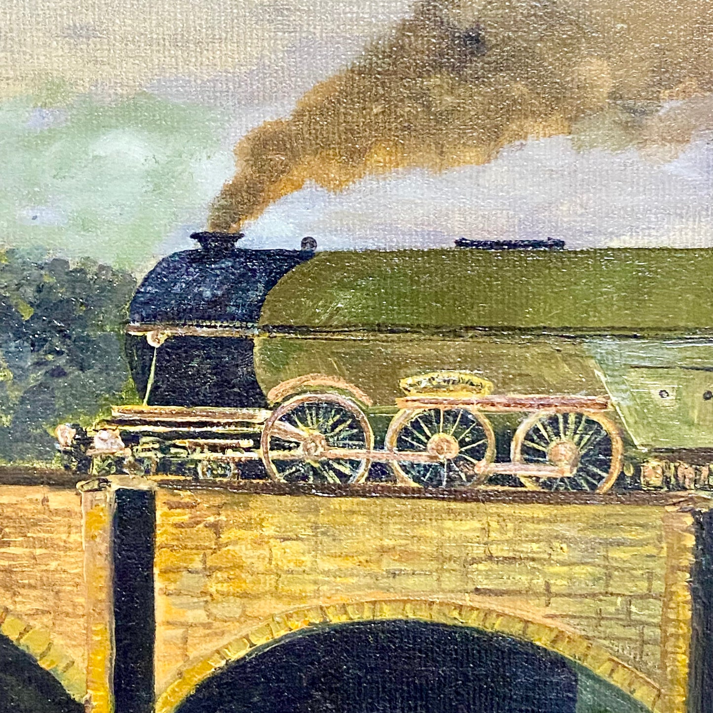 Vintage Flying Scotsman Crossing Bridge Oil On Board Painting Signed Routledge