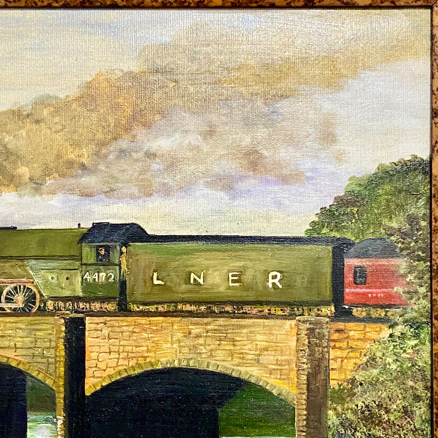 Vintage Flying Scotsman Crossing Bridge Oil On Board Painting Signed Routledge
