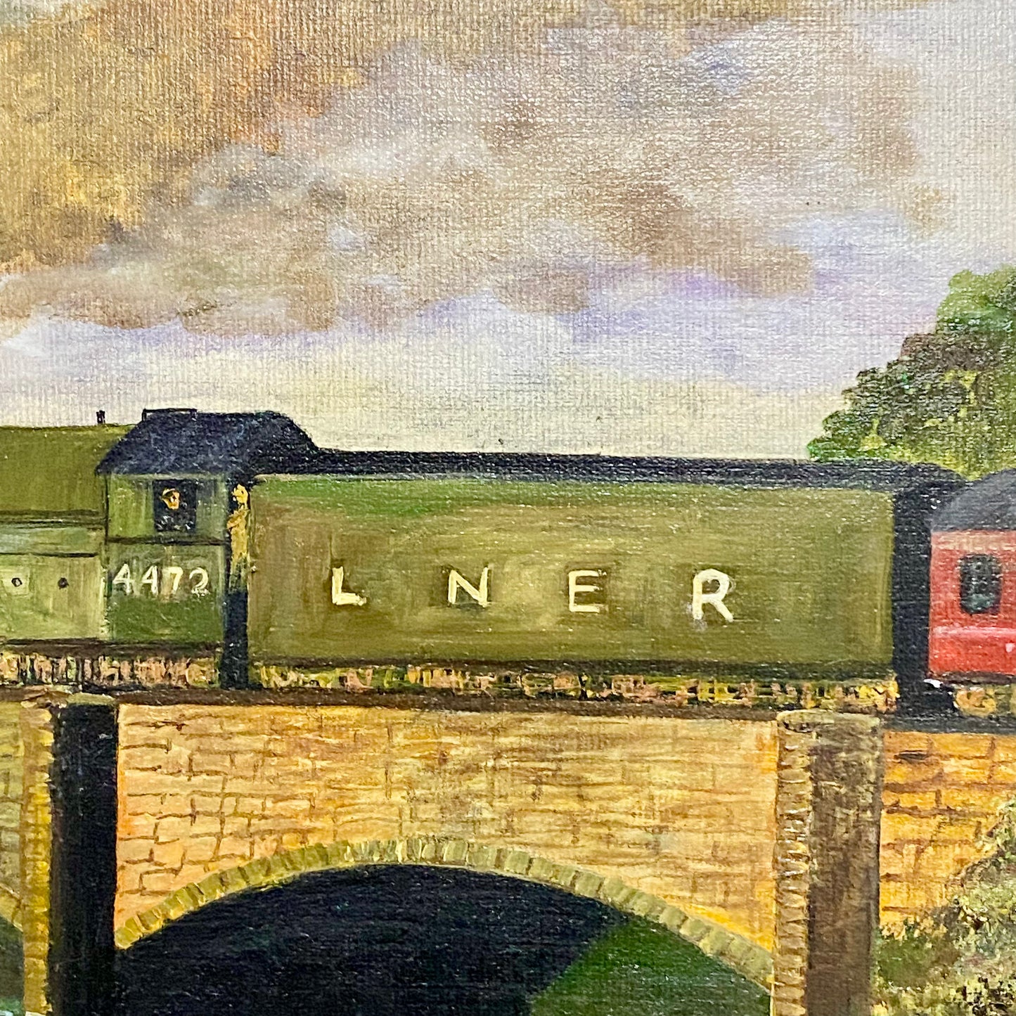 Vintage Flying Scotsman Crossing Bridge Oil On Board Painting Signed Routledge