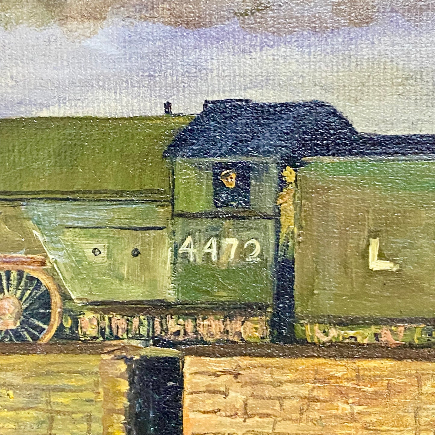 Vintage Flying Scotsman Crossing Bridge Oil On Board Painting Signed Routledge