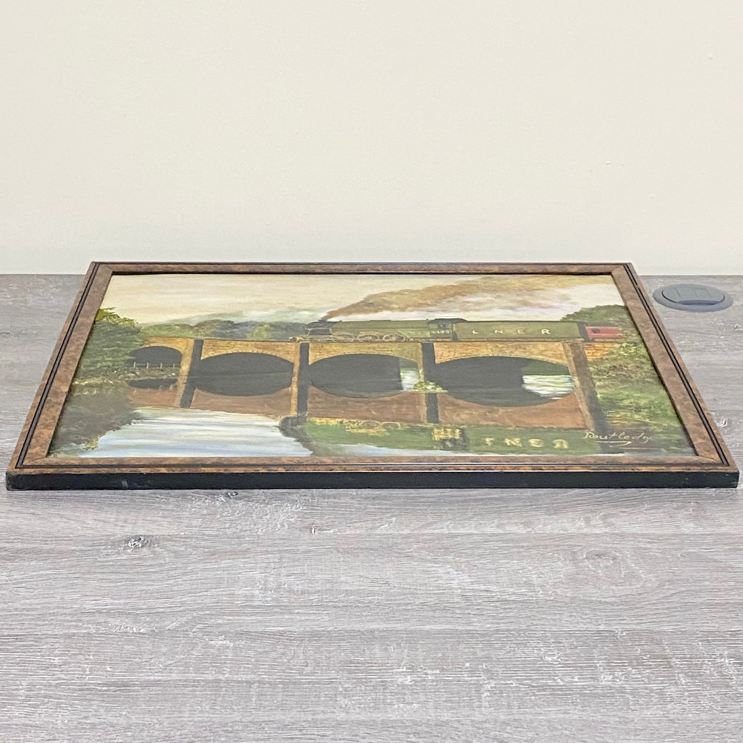 Vintage Flying Scotsman Crossing Bridge Oil On Board Painting Signed Routledge