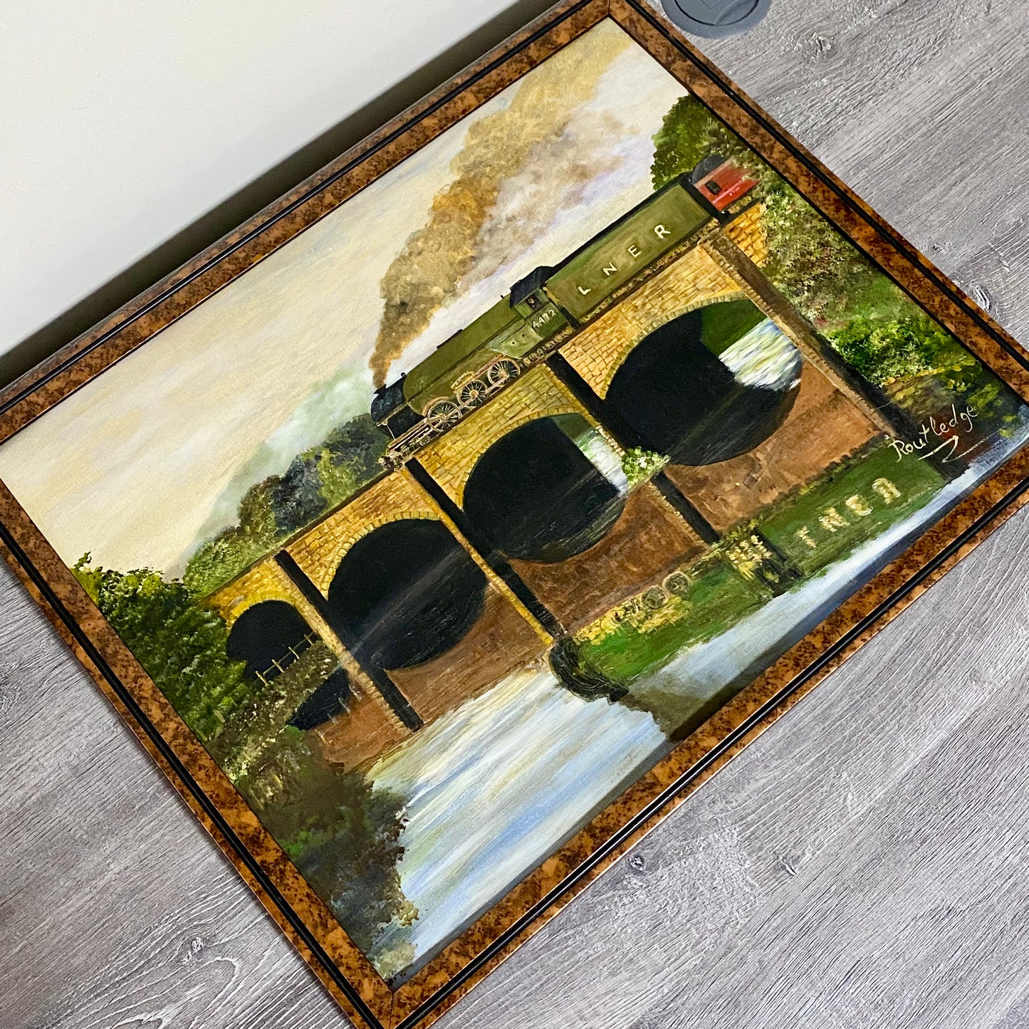 Vintage Flying Scotsman Crossing Bridge Oil On Board Painting Signed Routledge
