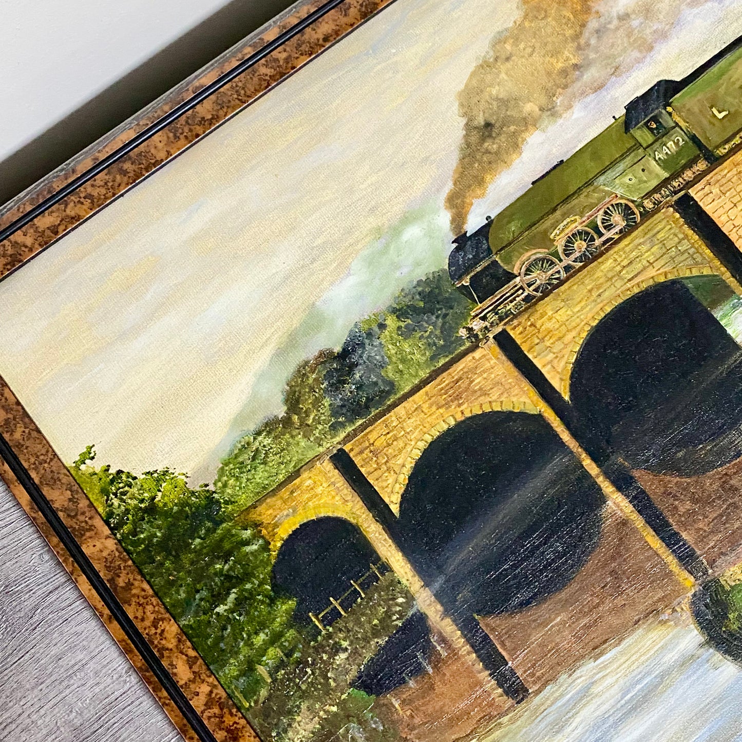 Vintage Flying Scotsman Crossing Bridge Oil On Board Painting Signed Routledge