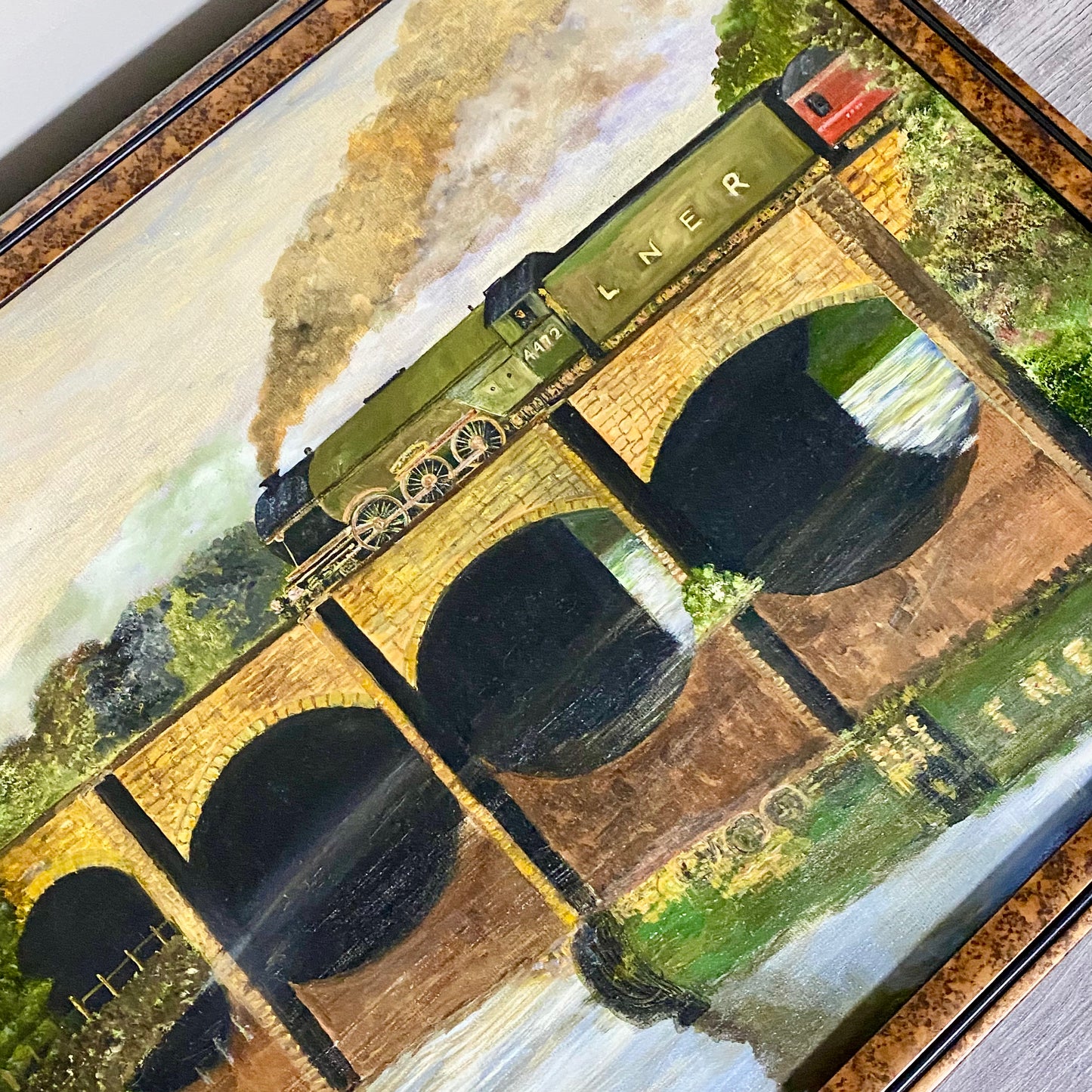 Vintage Flying Scotsman Crossing Bridge Oil On Board Painting Signed Routledge