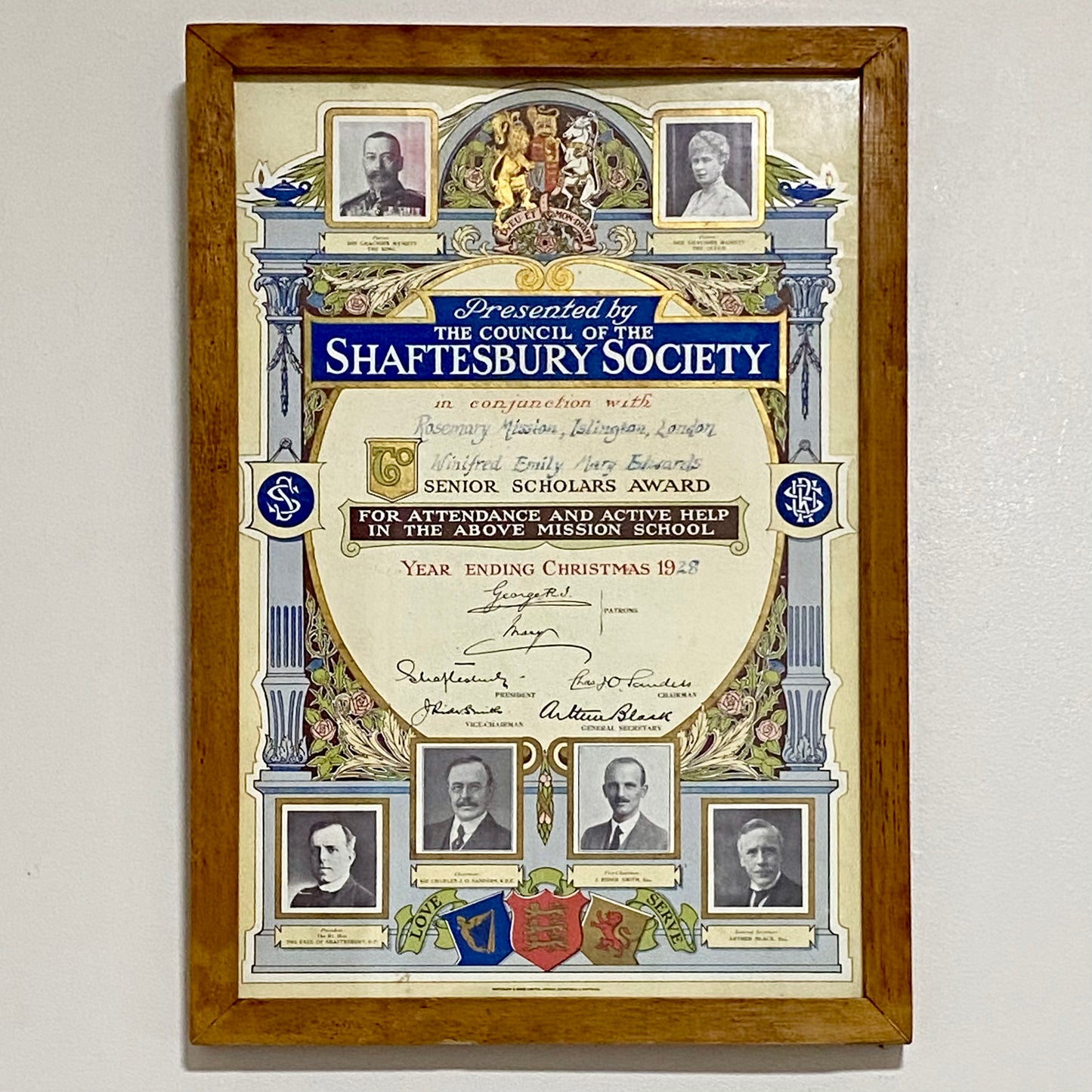 Senior Scholars Award Shaftesbury 1928 Certificate On Board Signed King George V