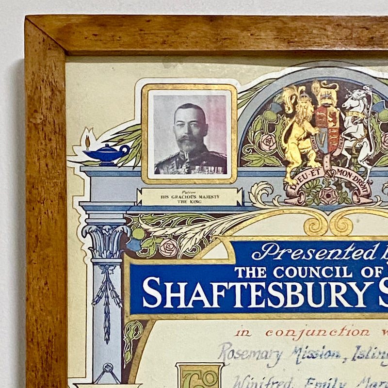 Senior Scholars Award Shaftesbury 1928 Certificate On Board Signed King George V