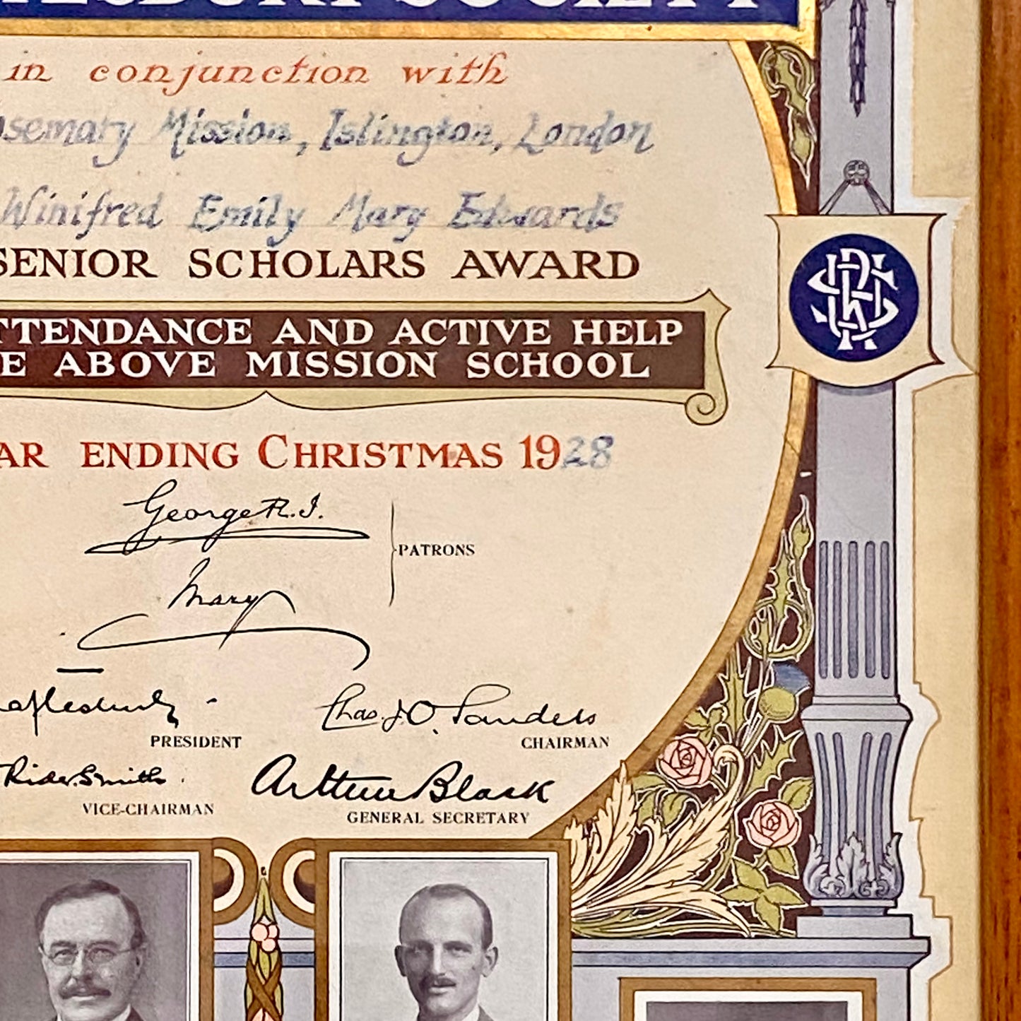 Senior Scholars Award Shaftesbury 1928 Certificate On Board Signed King George V