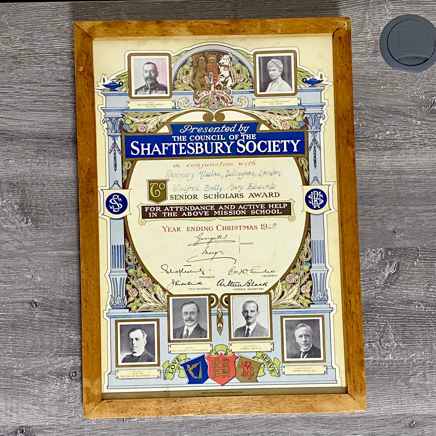 Senior Scholars Award Shaftesbury 1928 Certificate On Board Signed King George V