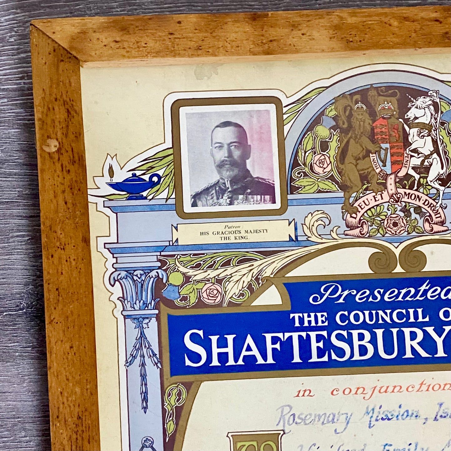 Senior Scholars Award Shaftesbury 1928 Certificate On Board Signed King George V