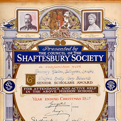 Senior Scholars Award Shaftesbury 1928 Certificate On Board Signed King George V