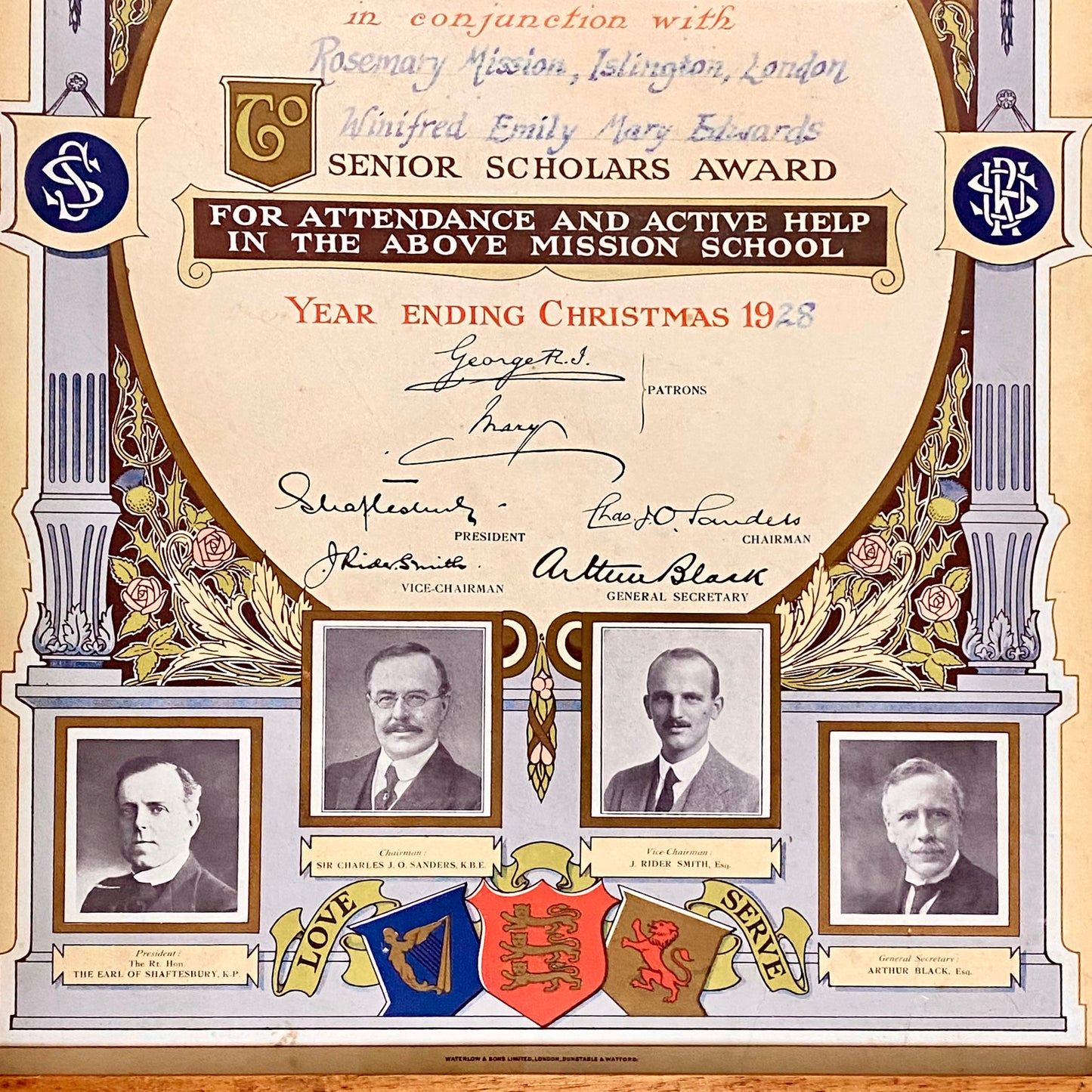 Senior Scholars Award Shaftesbury 1928 Certificate On Board Signed King George V
