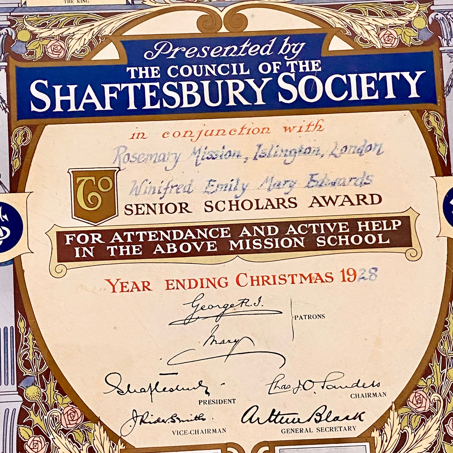 Senior Scholars Award Shaftesbury 1928 Certificate On Board Signed King George V