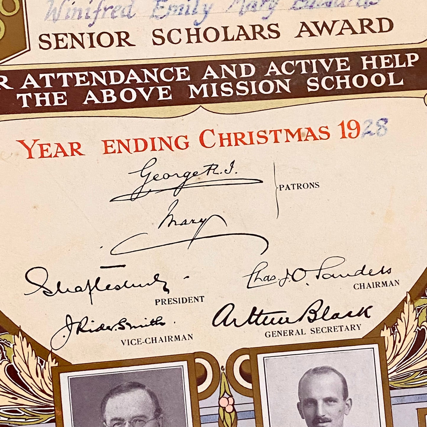 Senior Scholars Award Shaftesbury 1928 Certificate On Board Signed King George V