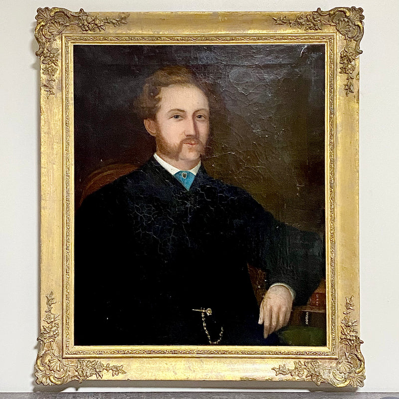19th Century Seated Gentleman Portrait Burns & Byron Books Oil On Canvas Framed