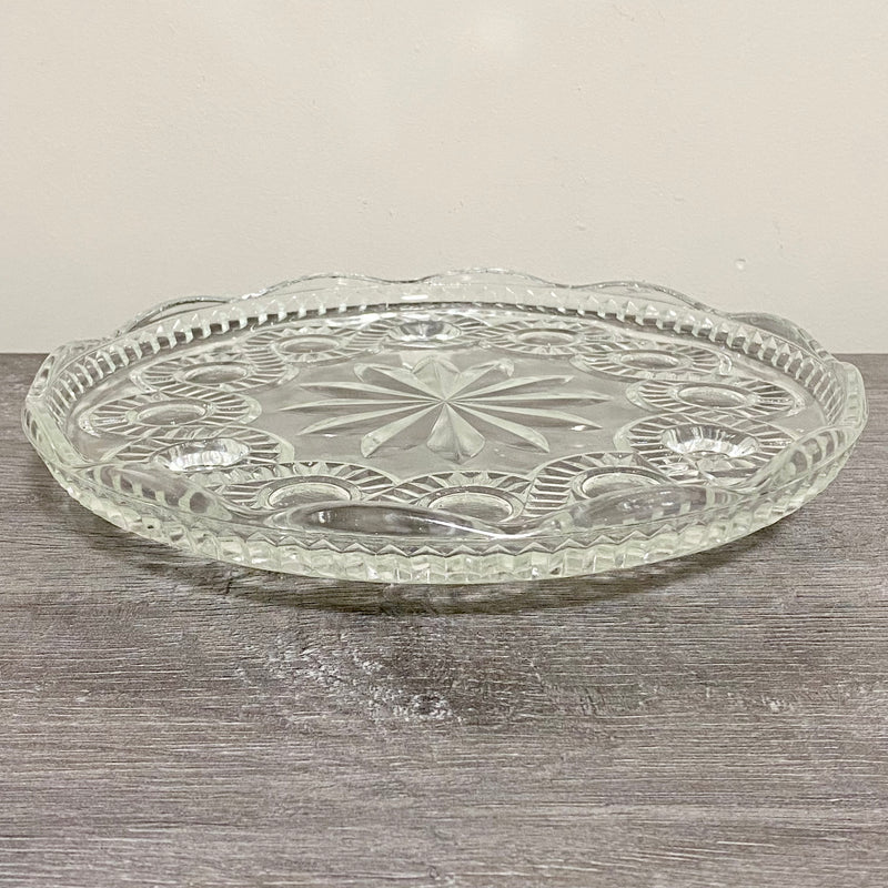 Vintage Glass Footed Cake Stand Scalloped Edge Decorative Retro For 8.5” Cakes