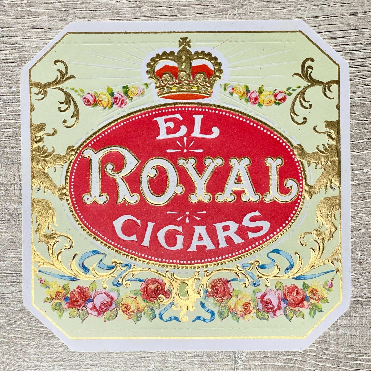 Vintage El Royal Cigars Advertising Paper Cigar Label Gold Crown & Floral Design