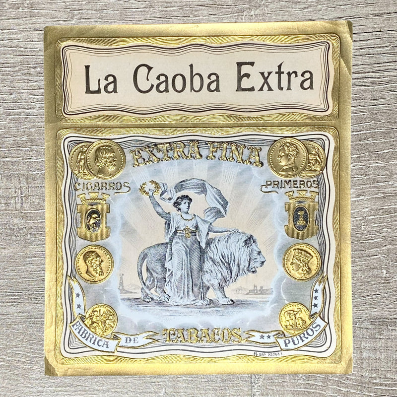 Vintage La Caoba Extra Tabacos Advertising Paper Cigar Box Label Embossed Gold