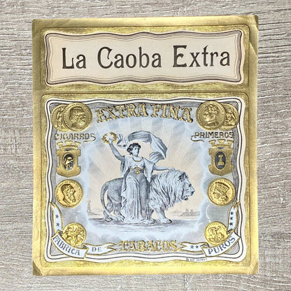 Vintage La Caoba Extra Tabacos Advertising Paper Cigar Box Label Embossed Gold