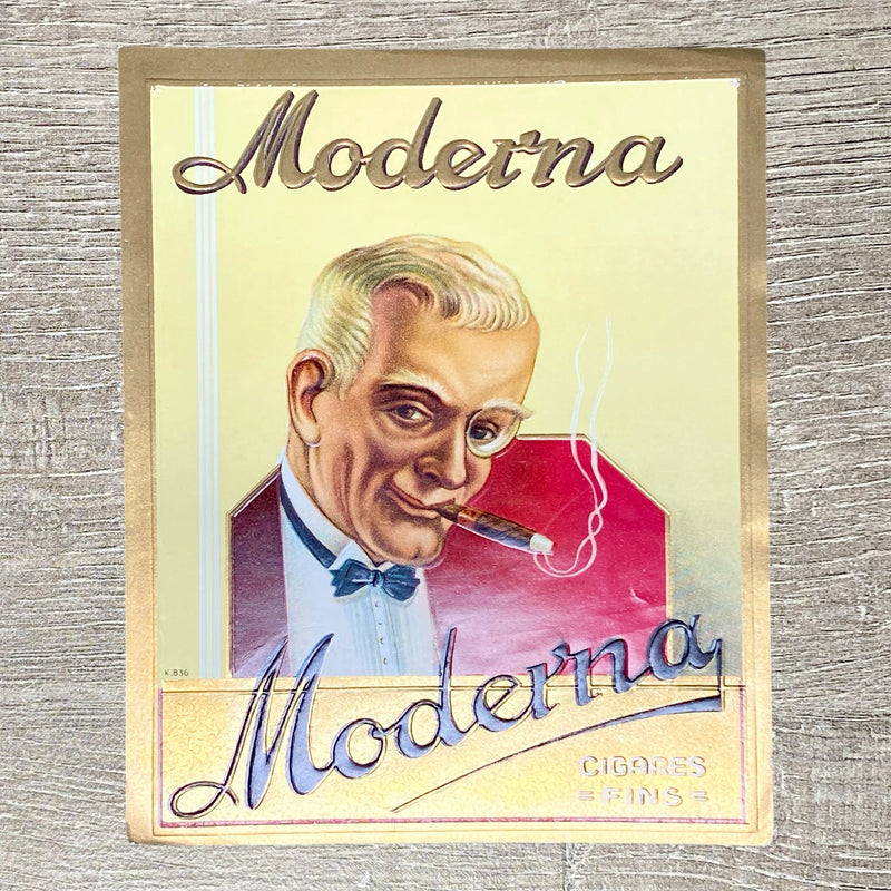 Vintage Moderna Cigars Man Smoking Cigares Fins Advertising Cigar Box Label Rare